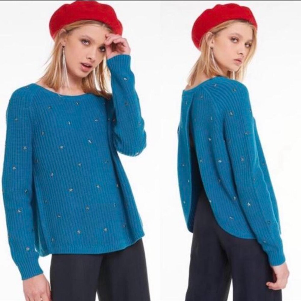 Wildfox Erika Sweater Teal Knit Pullover Split Back Womens Small